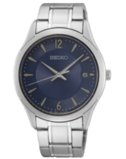 Seiko quarts heren pols horloge model SUR419P1 staal met Saffier glas blauwe wijzerplaat 10 ATM waterdicht.260