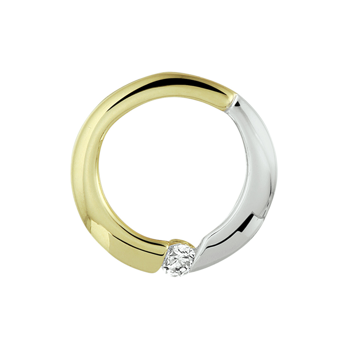 Beschrijving: Deze hanger is een plaatje! Het 14K geel- en witgoud wordt onderbroken door een transparant witte zirkonia steen van 2,5mm. De diameter van de hanger is 15mm en heeft aan de bovenzijde de opening voor een dun schakelcollier.