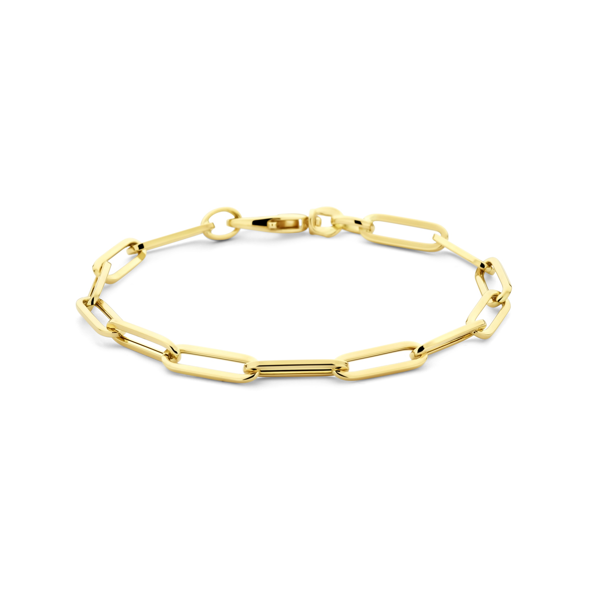 14k Geelgouden anker armband met een schakelbreedte van 4.5mm uitgevoerd met een stevige karabijn sluiting. De armband heeft een draaglengte van 19cm.