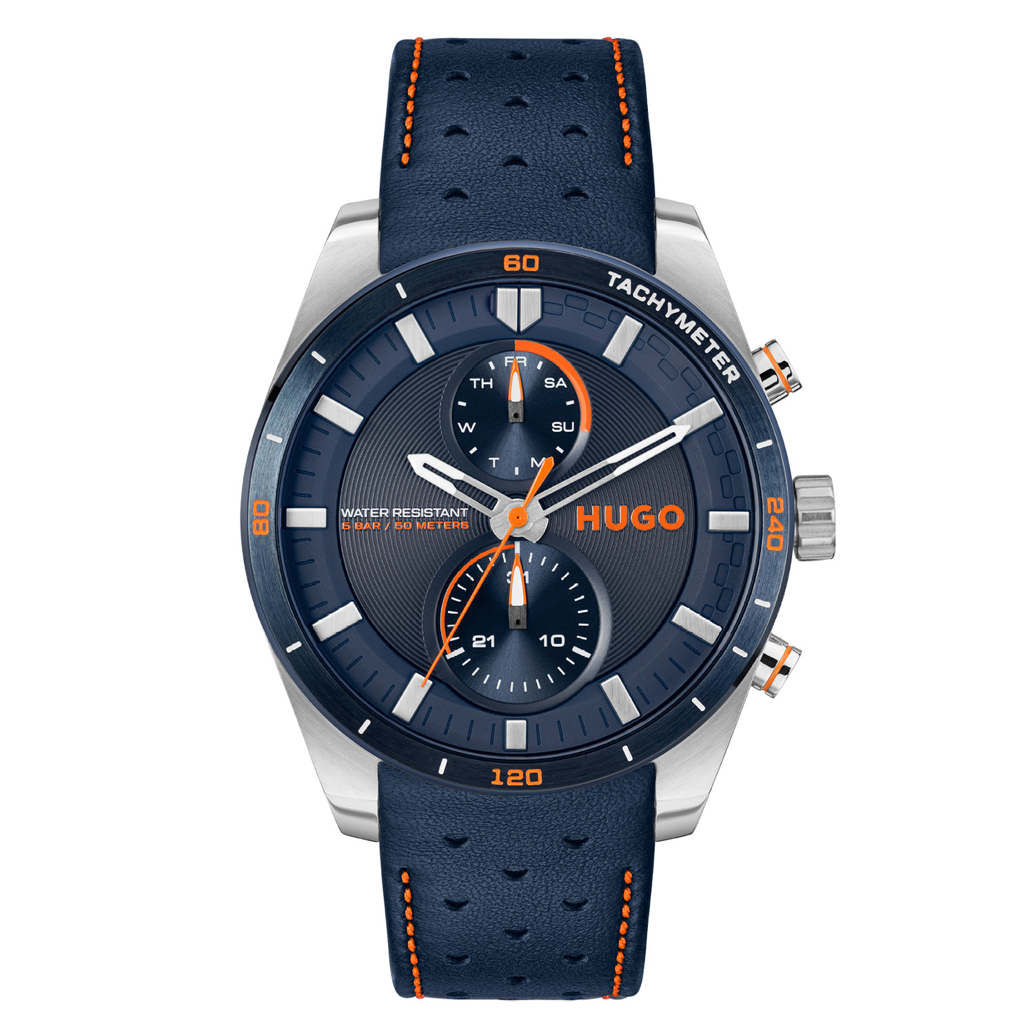 HUGO HU1530371 #FAST Heren Horloge

- Behuizing gemaakt van staal, in de kleur zilver
- Horlogeband gemaakt van leer, in de kleur blauw, met gesp
- Quartz uurwerk, werkt op batterijen
- Datum weergave
- Voorzien van mineraalglas
- 5 ATM waterdicht, geschikt om mee te douchen.
- Breedte van de behuizing is 44 mm
- Dikte van de behuizing is 10.7 mm

Wordt geleverd in originele HUGO horlogedoos en 2 jaar officiële garantie.