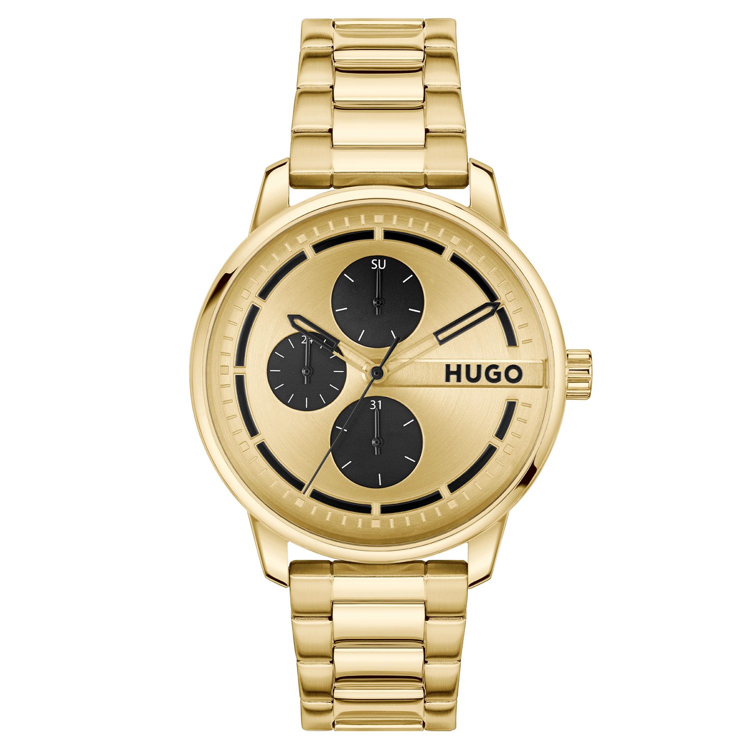 HUGO HU1530385 #STAMP MULTI Heren Horloge

- Behuizing gemaakt van staal, in de goudkleurig
- Horlogeband gemaakt van staal, in de goudkleurig, met vlinder- of vouwsluiting
- Quartz uurwerk, werkt op batterijen
- Datum weergave
- Voorzien van mineraalglas
- 3 ATM waterdicht, bestand tegen spatwater zoals handen wassen.
- Breedte van de behuizing is 44 mm
- Dikte van de behuizing is 9.9 mm

Wordt geleverd in originele HUGO horlogedoos en 2 jaar officiële garantie.
