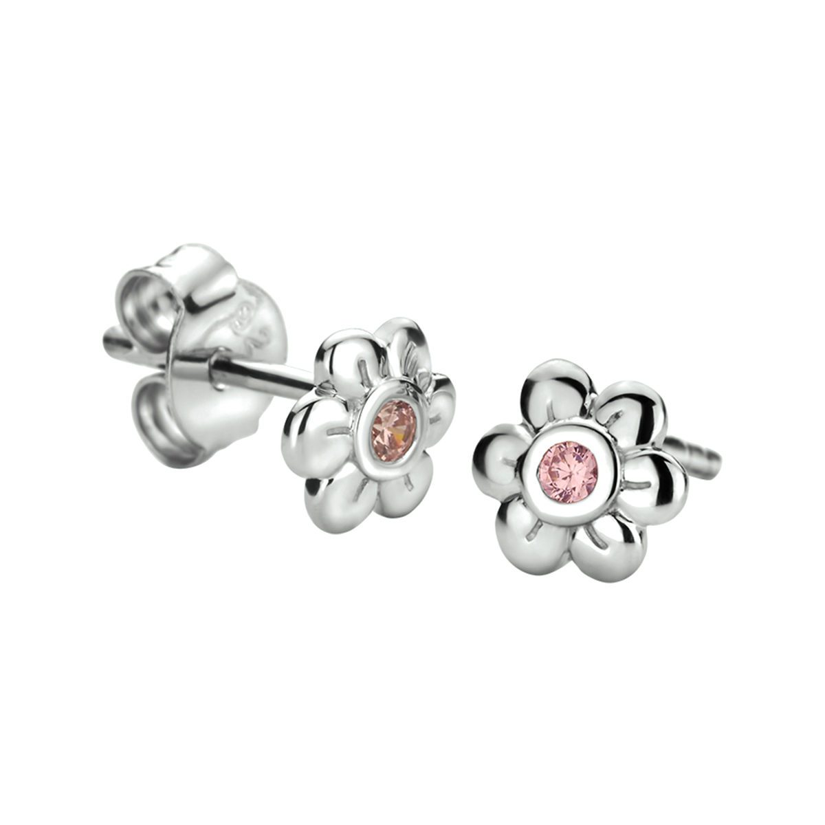 Gerhodineerd 925 zilveren oorknoppen in de vorm van een bloem met een schitterende roze zirkonia. De oorknoppen hebben een breedte van 6mm.





