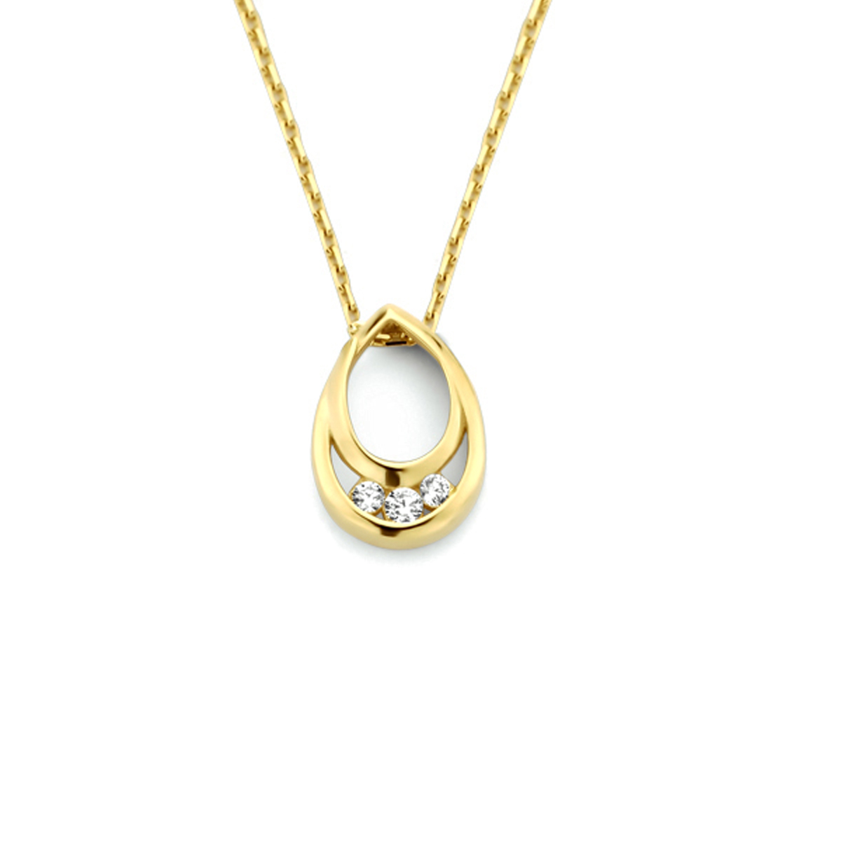 14k Geelgouden collier uitgevoerd met een druppelvormige hanger met daarin een schitterende zirkonia rij. Het collier heeft draaglengtes van 42, 44 en 46cm en een stevige karabijn sluiting.