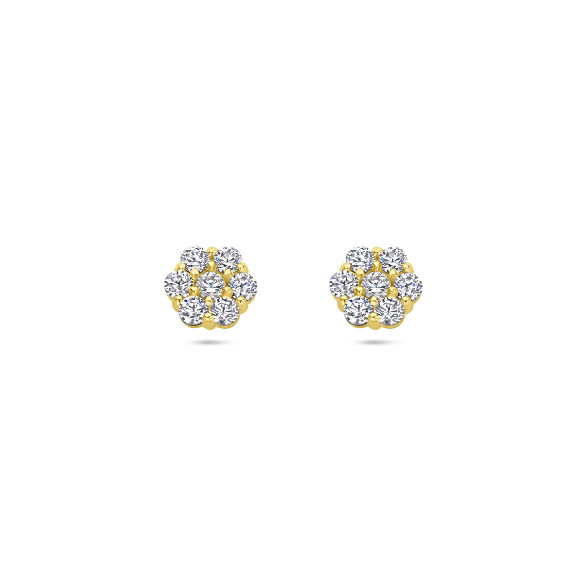14k Geelgouden oorknoppen uitgevoerd in de vorm van een bloem met zirkonia. De oorknoppen hebben een afmeting van 5x5.5mm.