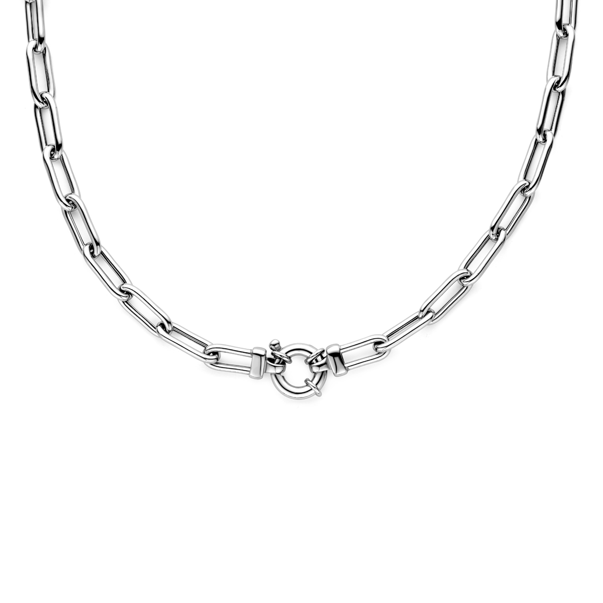 Gerhodineerd 925 zilveren collier met een paperclip schakel. Het collier heeft draaglengte van 45cm. Uitgevoerd met een veerslot.