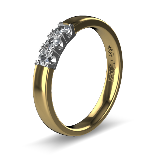 14 Karaat geel gouden Memoire ring met wit gouden zetting model A.S. 11155. Met 3X 0.07 crt briljant G/VVS op maat 57.
