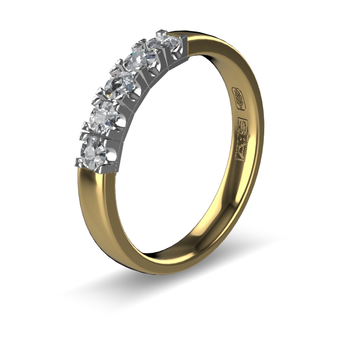 14 Karaat geel gouden Memoire ring met wit gouden zetting model A.S. 11155. Met 5X 0.07 crt briljant G/VVS op maat 53.