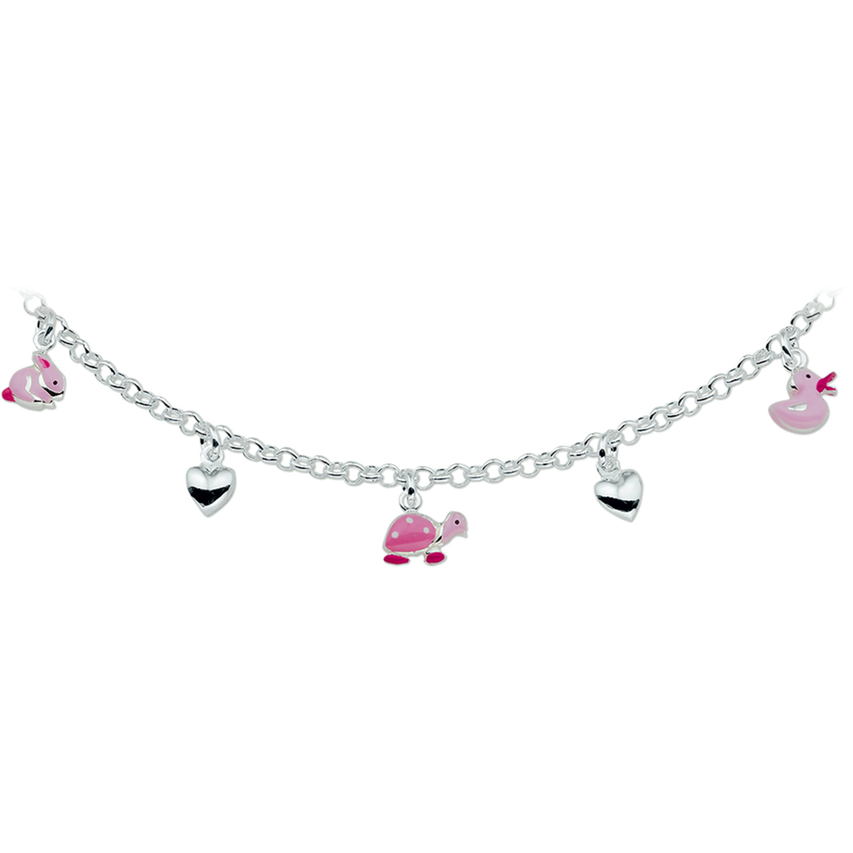 Zilveren collier met hartjes en diverse dierenbedels van roze emaille. De lengte van het collier bedraagt 36cm met 2cm extensie. De schakelbreedte bedraagt 3.0mm. 