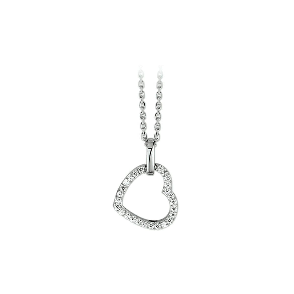 Gerhodineerd zilveren collier met hart en zirkonia. De lengte van het collier bedraagt 41cm met 4cm extensie. De schakelbreedte bedraagt 1.3mm.
