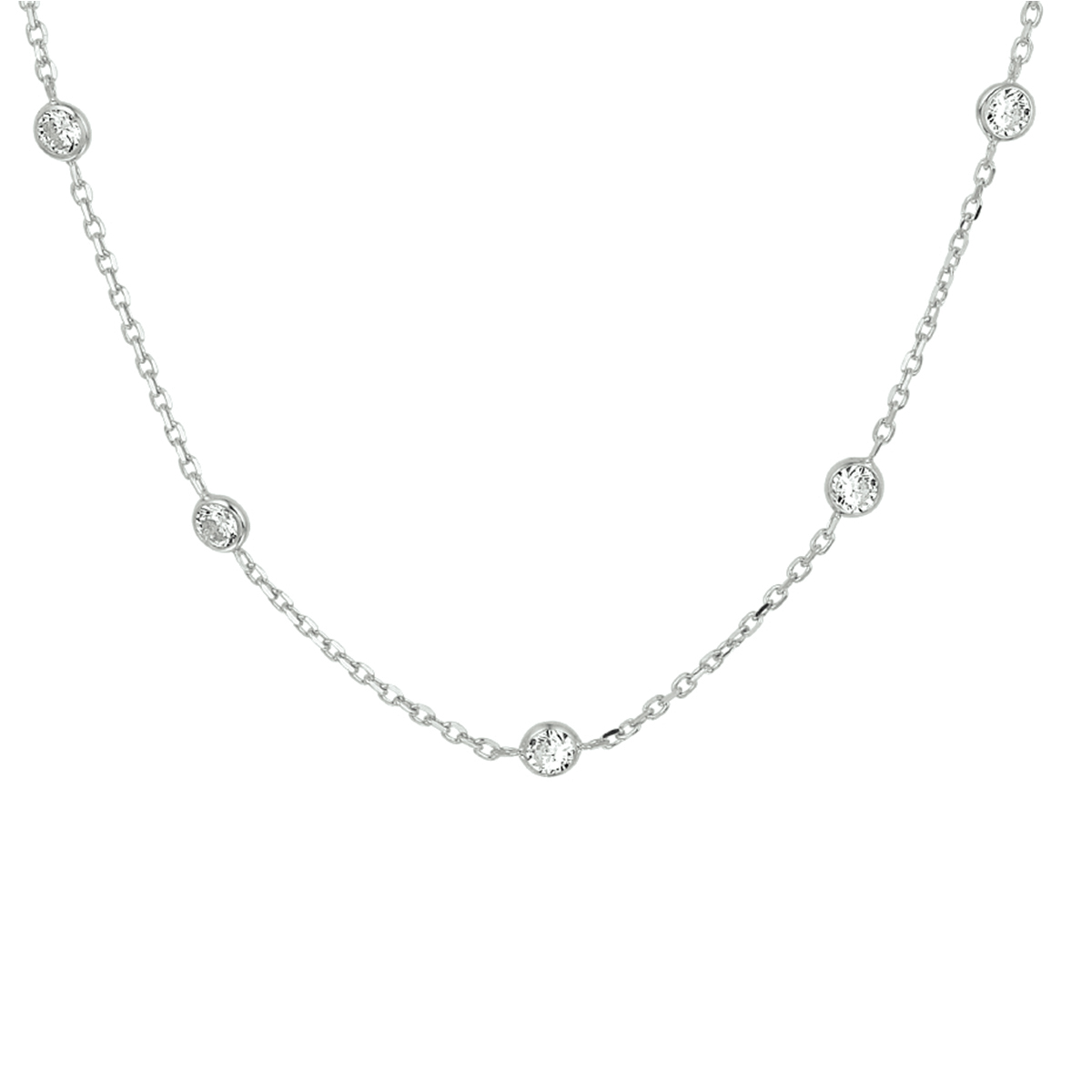Fijn zilveren collier uitgevoerd met 5 kleine zirkonia's. Het collier heeft een draaglengte die te variëren is van 40-44cm