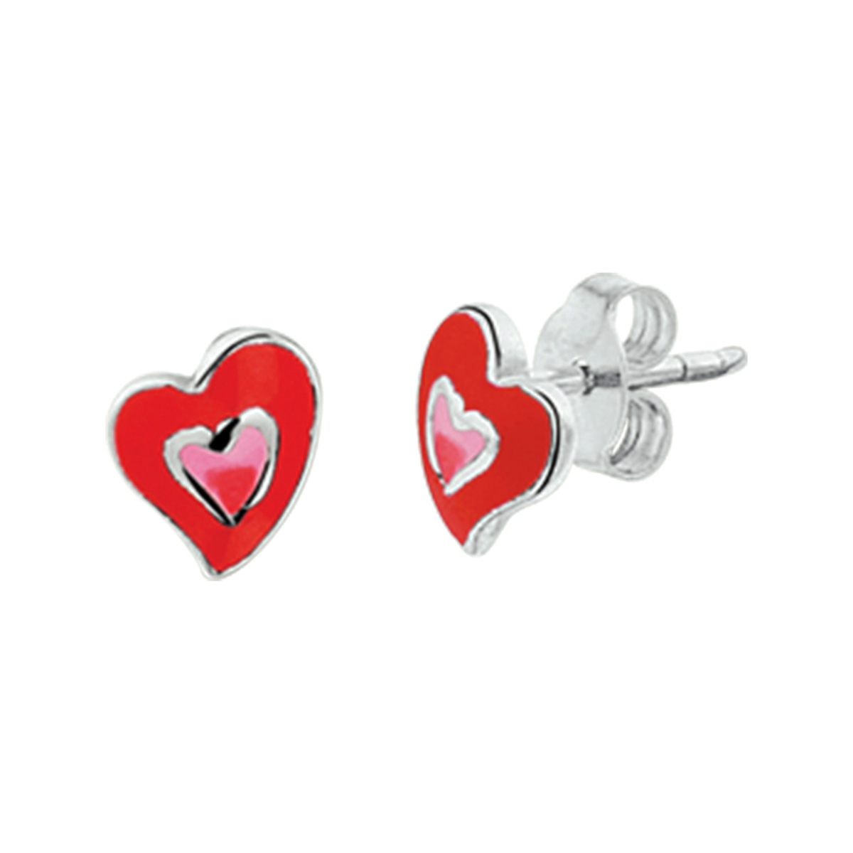 Gerhodineerd zilveren oorknoppen in de vorm van een hartje en ingelegd met rode en roze emaille. De oorknoppen hebben een afmeting van 6x7mm en is uitgevoerd met een pouchette sluiting. Deze oorsieraden zijn te combineren met bijpassende sieraden uit onze collectie.