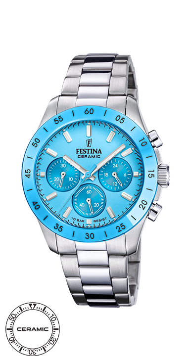 Festina - Staal dames horloge met ceramic bezel, 100 meter WR, Saffierglas