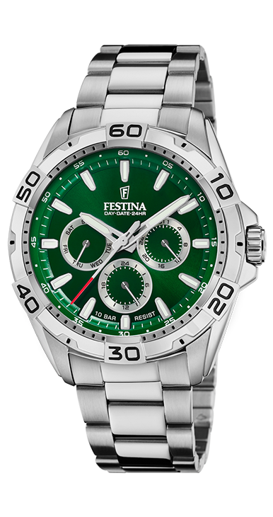 De FESTINA HEREN GROEN STAINLESS STEEL HORLOGEBAND F20623/3 heeft een ronde kast, groene wijzerplaat en zilverkleurige edelstalen band. Met mineraalglas, quartz uurwerk, en chronograaf functie, is het waterbestendig tot 10 ATM en heeft een datumaanduiding. Draag dit stijlvolle polshorloge bij zowel formele als casual gelegenheden voor een tijdloze look. Kastdikte: 12 mm, doorsnede: 44 mm.