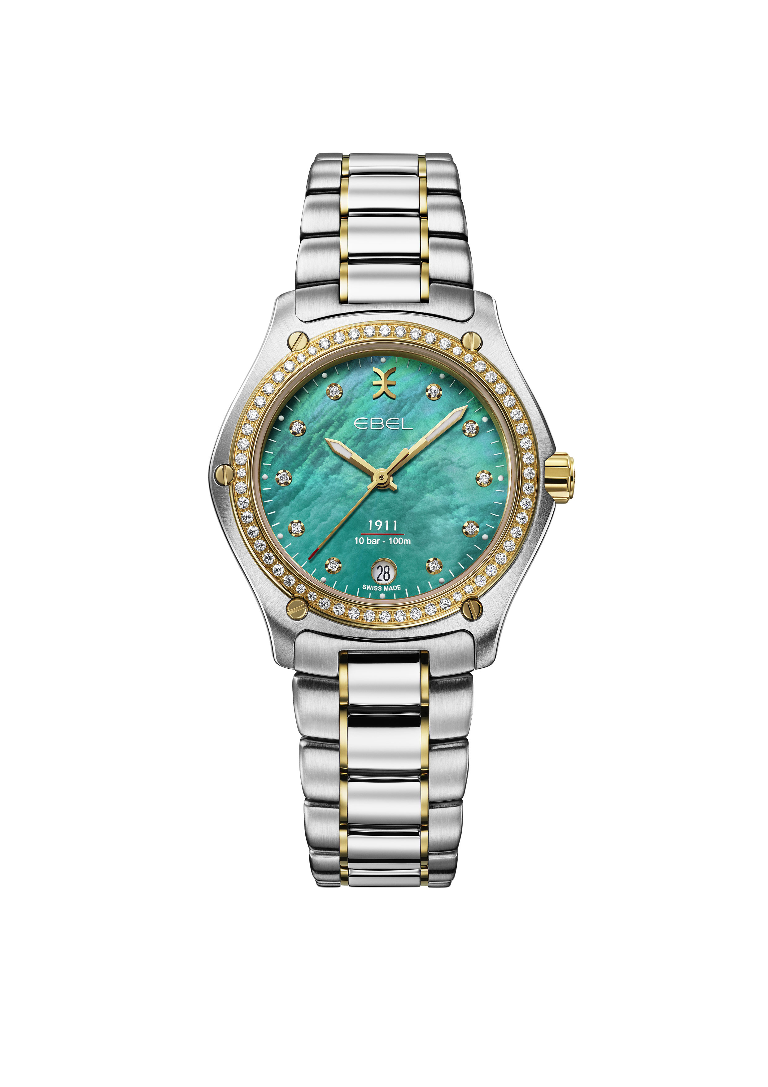 De Ebel 1911 model 1216663 is een verfijnd horloge met Zwitserse quartz-beweging, een turquoise parelmoer wijzerplaat met echte diamanten op de gouden bezel, en een roestvrijstalen kast. Het is antiallergisch, waterbestendig tot 10 ATM en heeft een goud-zilverkleurige band. Draag dit elegante horloge bij formele en zakelijke outfits voor een vleugje luxe en raffinement.