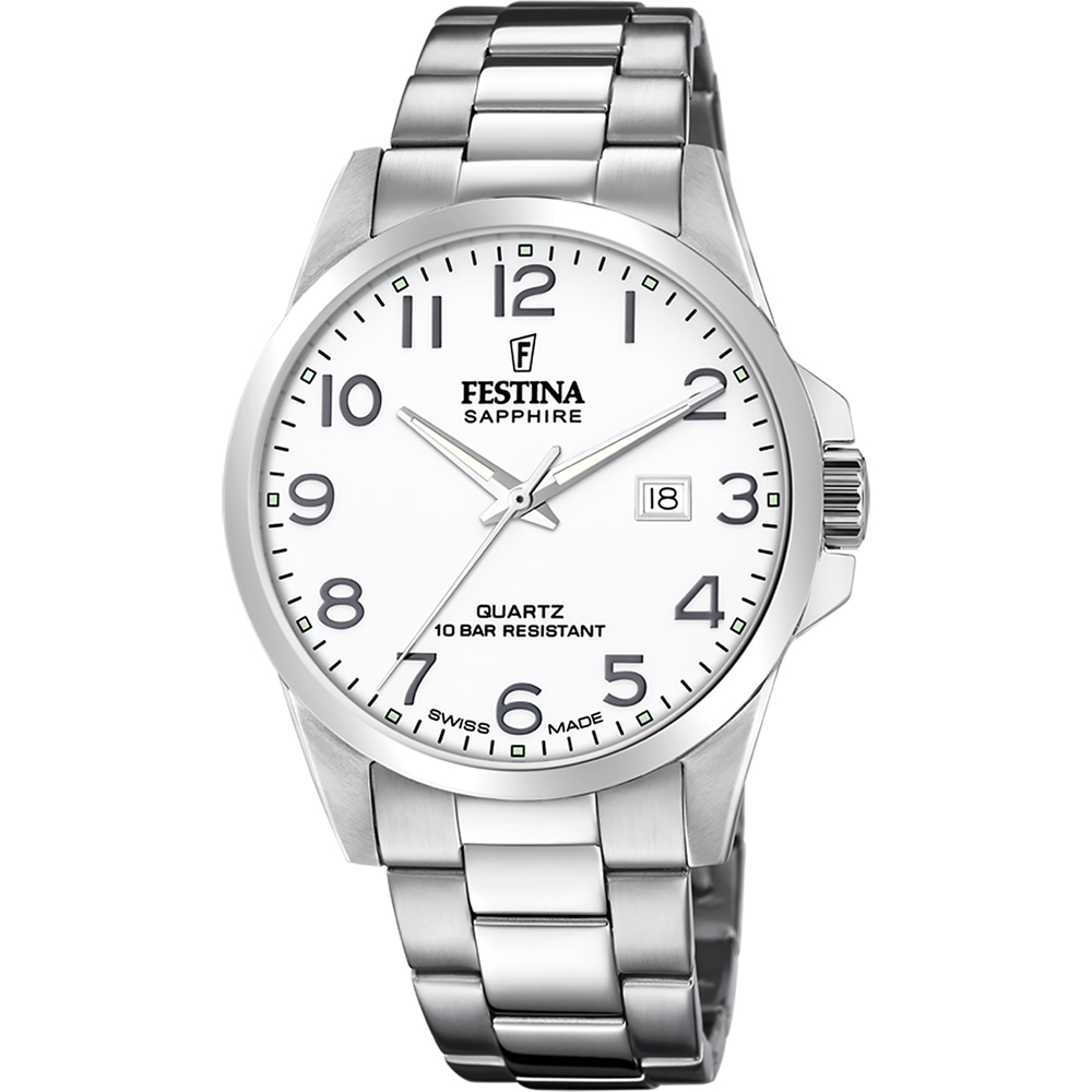 Festina - Staal heren horloge, witte wijzerplaat met cijfers, 100 meter WR, Saffierglas - F20024/1