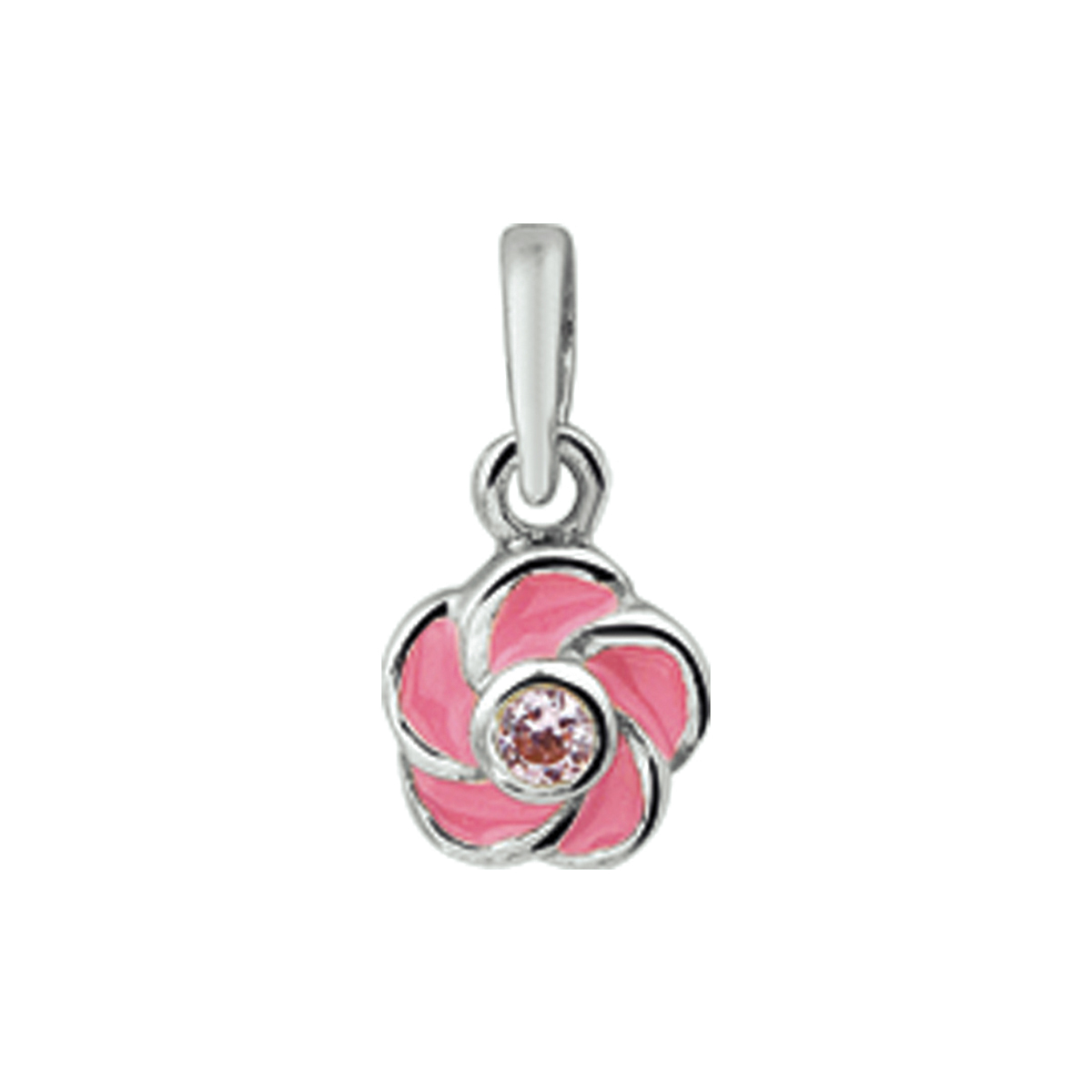 Zilveren hanger met een bloem van roze emaille. De hanger is onderdeel van een set.