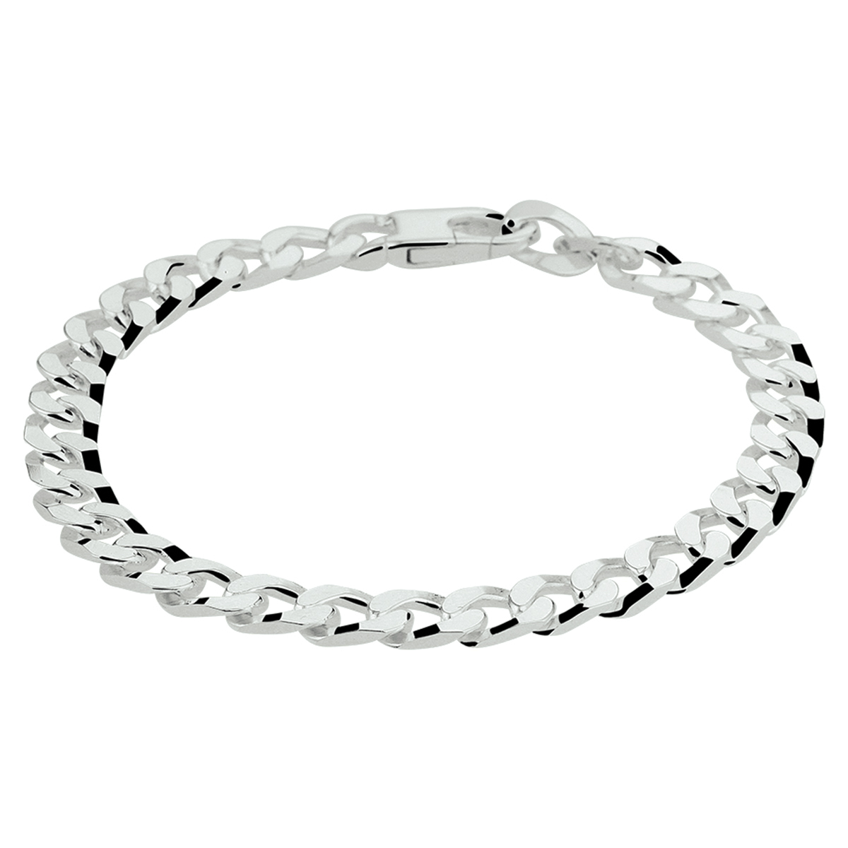 Beschrijving: Stijlvolle zilveren armband met een gourmet schakel. De armband heeft een draaglengte van 20cm en een schakelbreedte van 5.5mm. Uitgevoerd met een stevige karabijn sluiting.