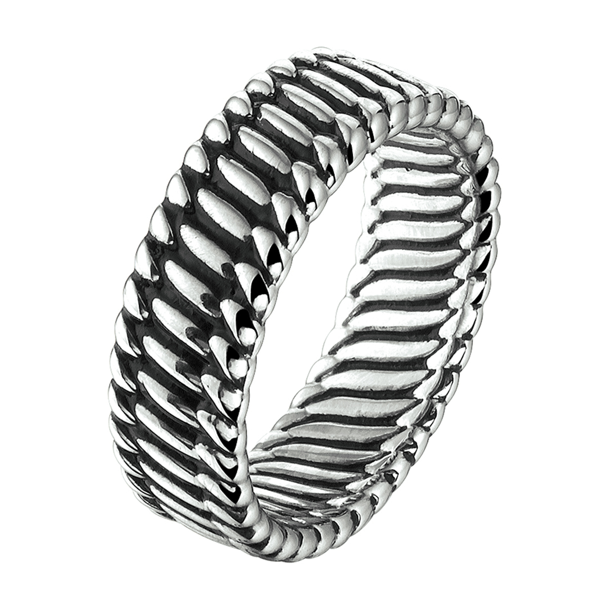 Stijlvolle geoxideerd zilveren ring, in een geweven structuur, met een breedte van 8mm. Minimalistisch design met een exclusieve uitstraling.