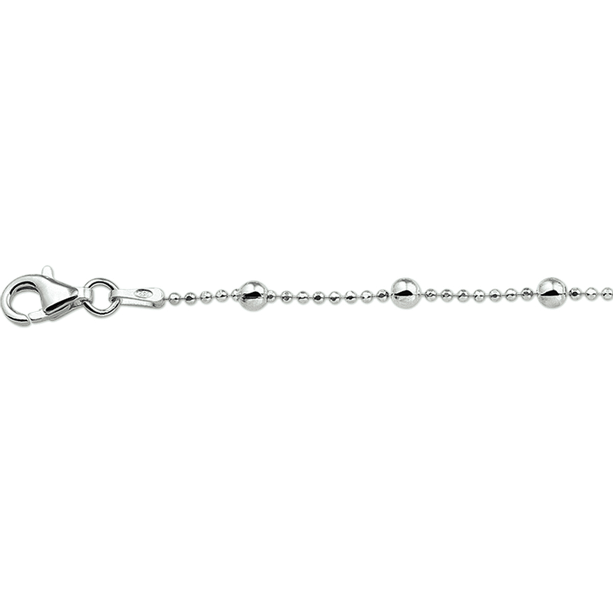 Trendy gerhodineerd zilveren bolletjes enkelbandje met een draaglengte van 24cm en een extensie van 2cm. Het enkelbandje is uitgevoerd met een stevige karabijn sluiting. Minimalistisch design voor een exclusieve uitstraling.