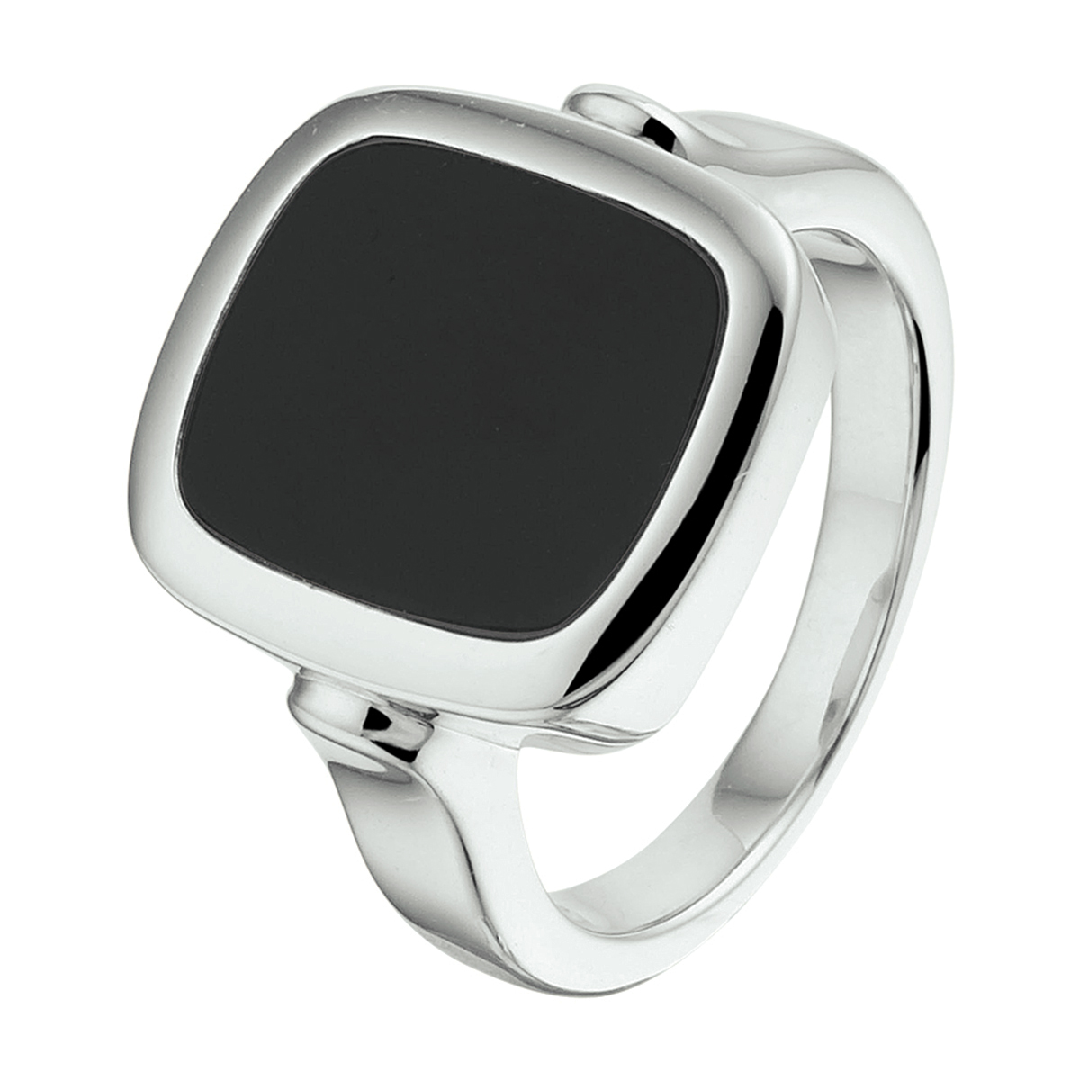 Gerhodineerd 925 zilveren zegelring uitgevoerd met een onyx. De ring heeft een breedte van 15.5mm.