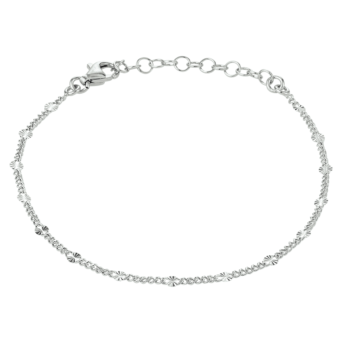 Gerhodineerd 925 zilveren enkelbandje uitgevoerd met een gourmet schakel en plaatjes. Het enkelbandje heeft een draaglengte van 24cm met een extensie van 2cm. De plaatjes hebben en breedte van 2.5mm.