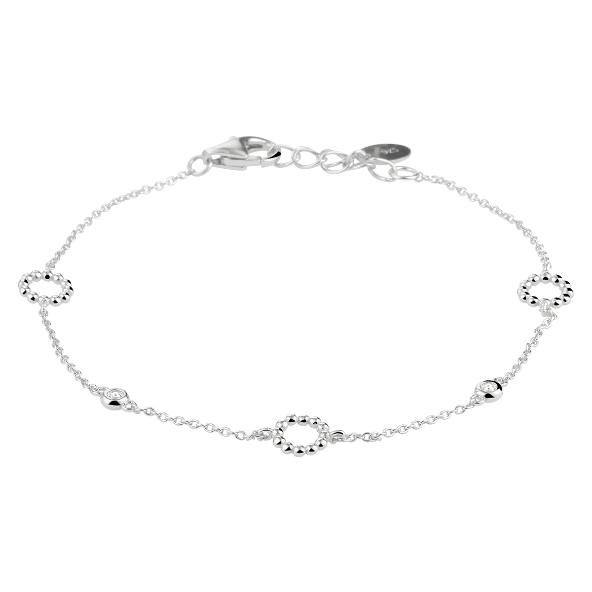 Gerhodineerd 925 zilveren armband uitgevoerd met rondjes en zirkonia. De armband heeft een draaglengte van 16cm met een extensie van 2cm en een stevige karabijn sluiting.