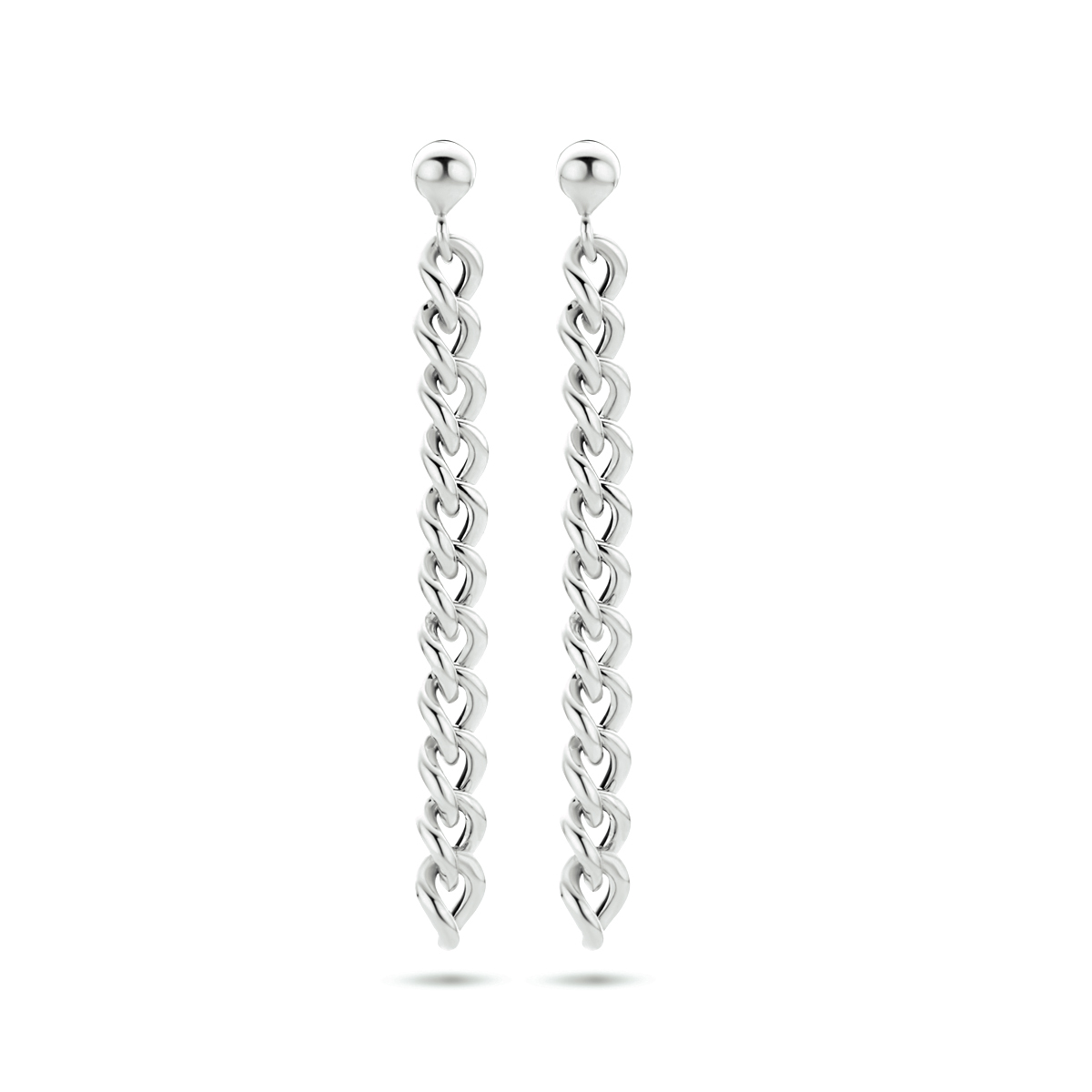 Gerhodineerd 925 zilveren oorhangers uitgevoerd in schakelvorm. De oorhangers hebben een hoogte van 50mm en een breedte van 5mm.