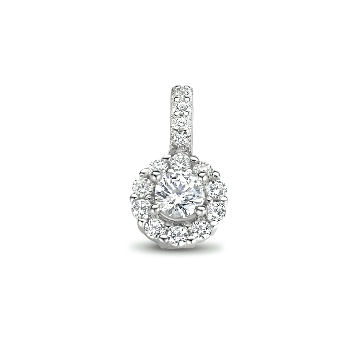 Gerhodineerd zilveren hanger uitgevoerd met zirkonia. De hanger heeft een afmeting van 12.5x7mm.