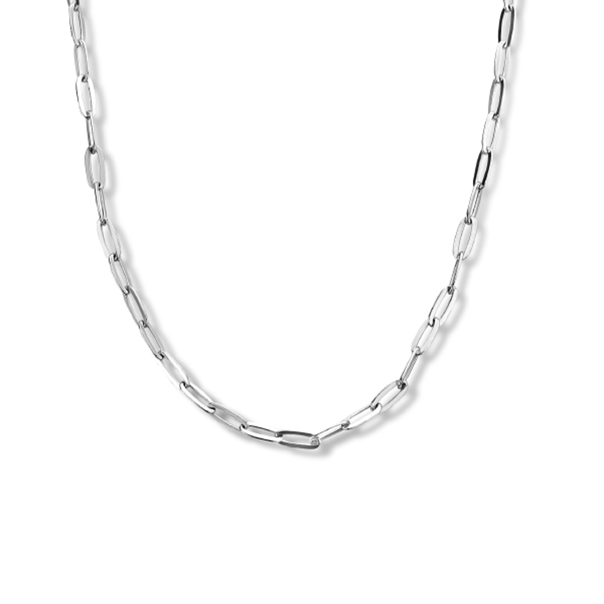 Gerhodineerd 925 zilveren paperclip collier uitgevoerd met een karabijn sluiting. Het collier heeft een draaglengte van 40cm en een extensie van 4cm.