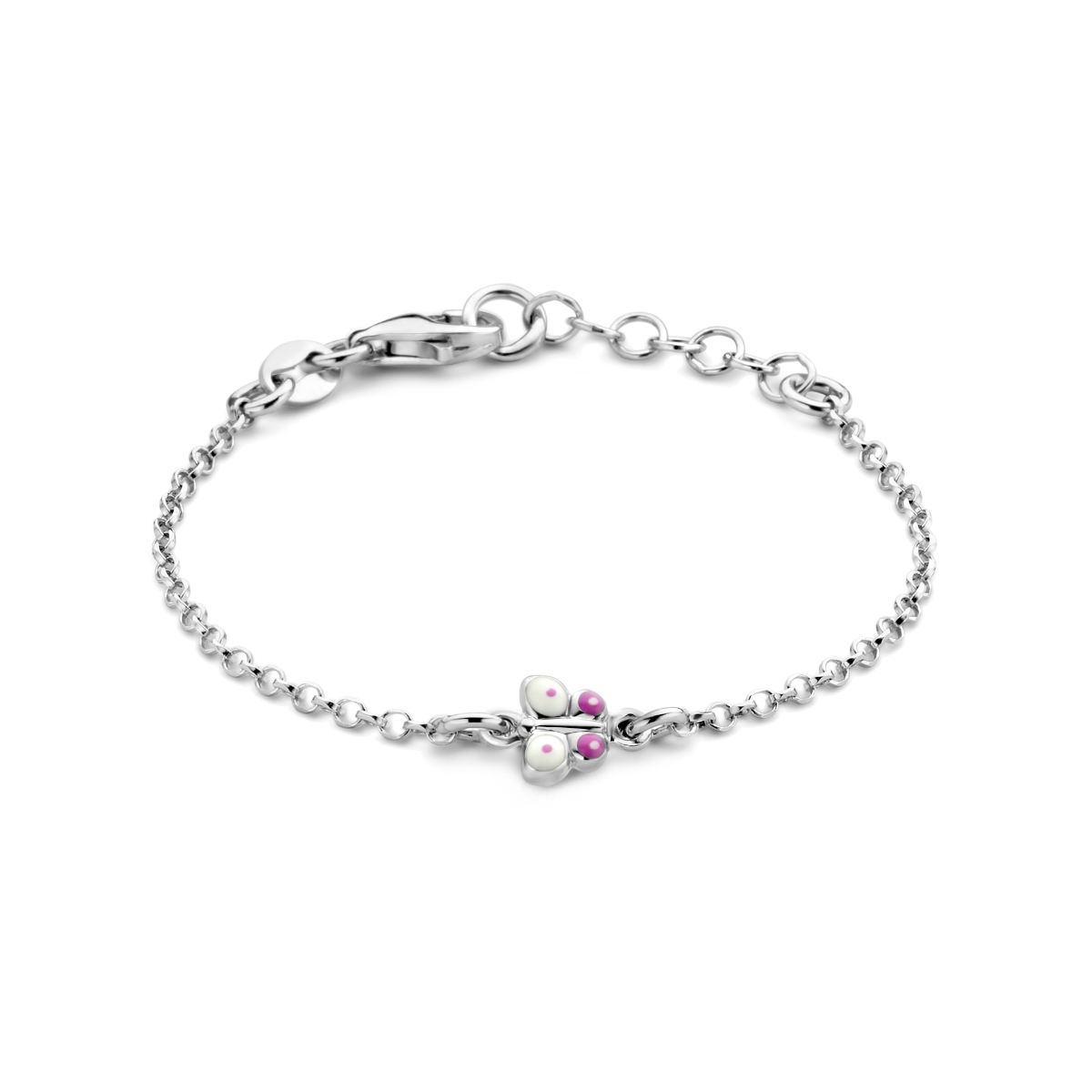 Gerhodineerd 925 zilveren armband uitgevoerd met een vlinder en een karabijn sluiting. De armband heeft een draaglengte van 11cm en een extensie van 2cm. De schakelbreedte is 1.7mm.