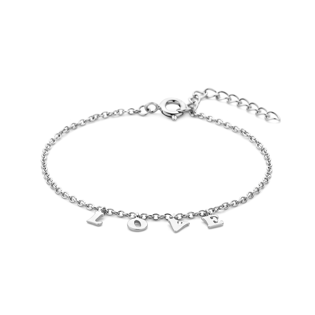 Gerhodineerd 925 zilveren armband uitgevoerd met de tekst love. De armband heeft een draaglengte 16cm en een extensie van 3cm. De schakelbreedte is 1.6mm.