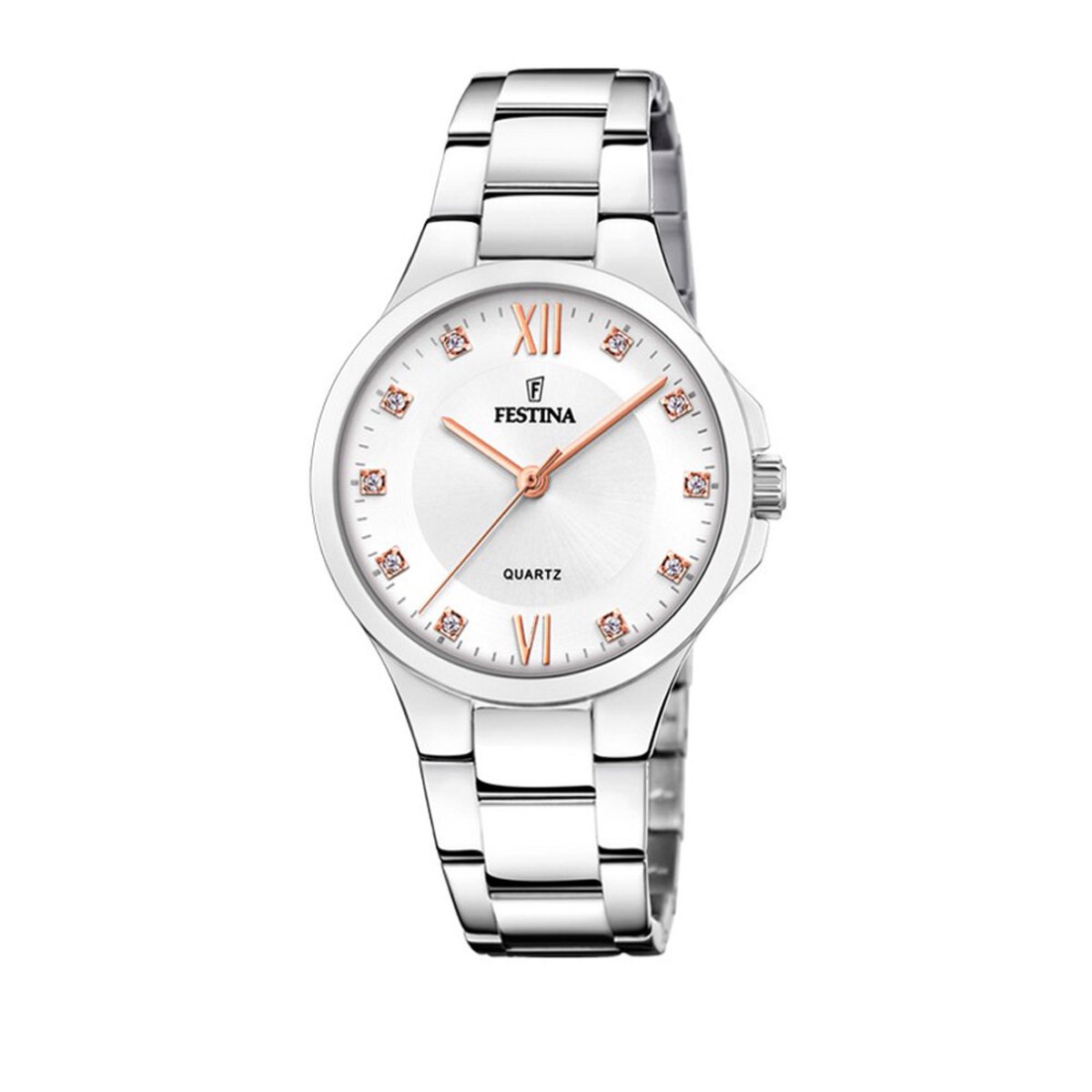 * Quartz
* Seconde aanduiding
* Mineraalglas
* Wijzerplaat bezet met Swarovski
* Kast en armband in roestvrij staal
* 5 ATM (50m) water resistent
