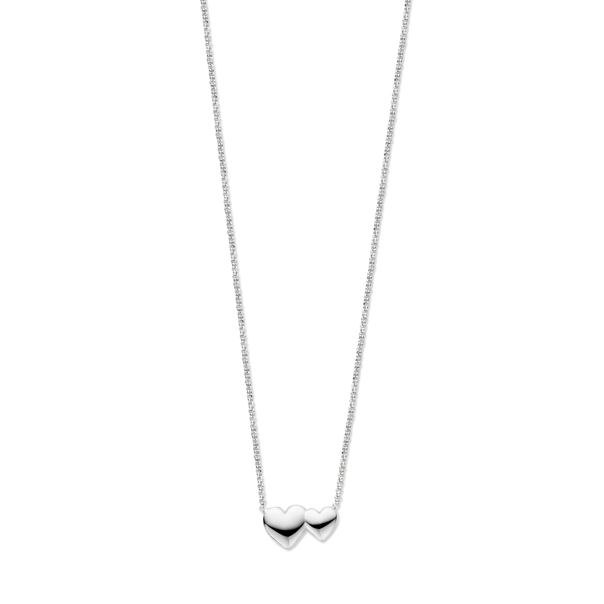 Gerhodineerd 925 zilveren collier uitgevoerd met twee hartjes. Het collier heeft een schakelbreedte van 1.3mm en een draaglengte van 41cm met 4cm extensie.