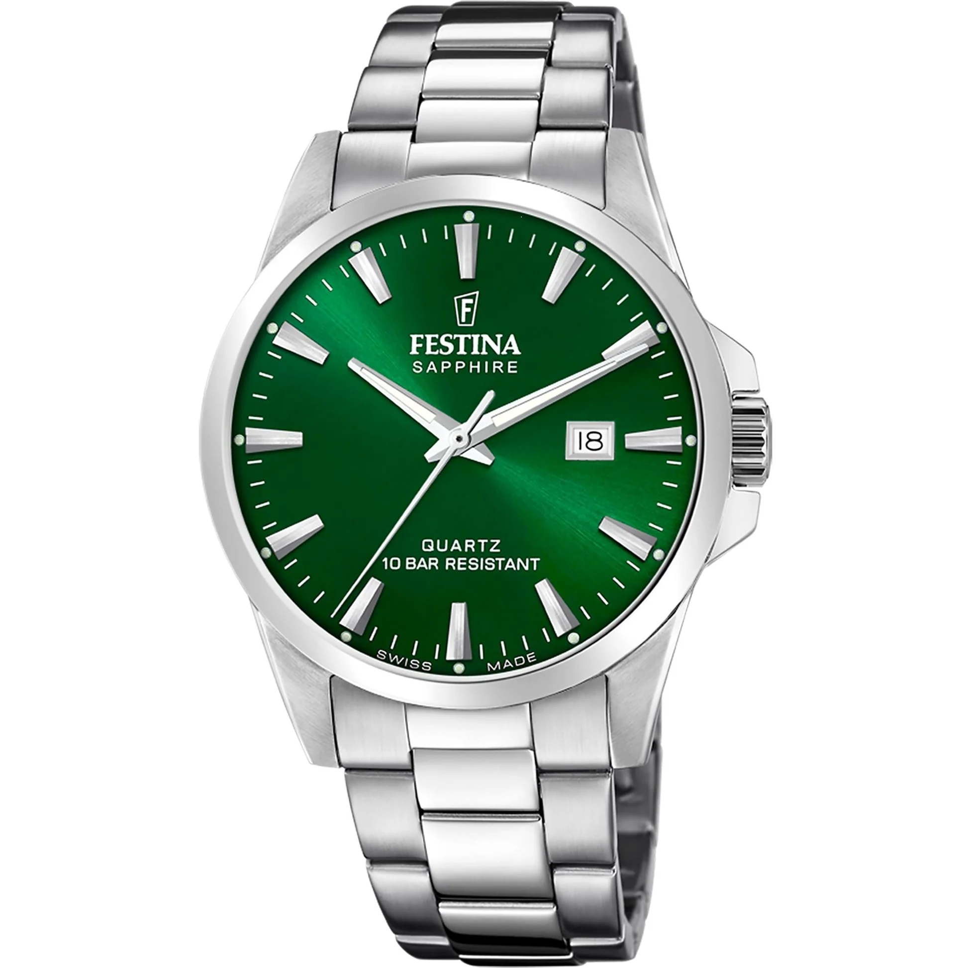Festina - Staal heren horloge, Swiss Made, Quartz 100 meter WR, Saffierglas, groene wijzerplaat - F20024/6