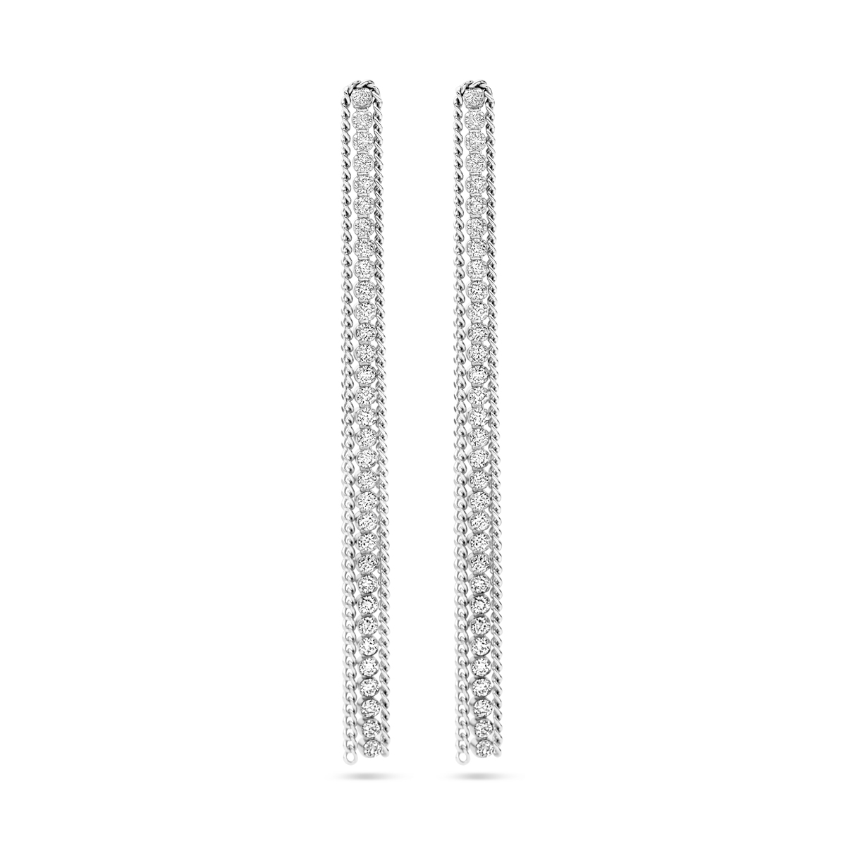 Gerhodineerd 925 zilveren oorhangers uitgevoerd met zirkonia. De oorhangers hebben een totale hoogte van 76mm.