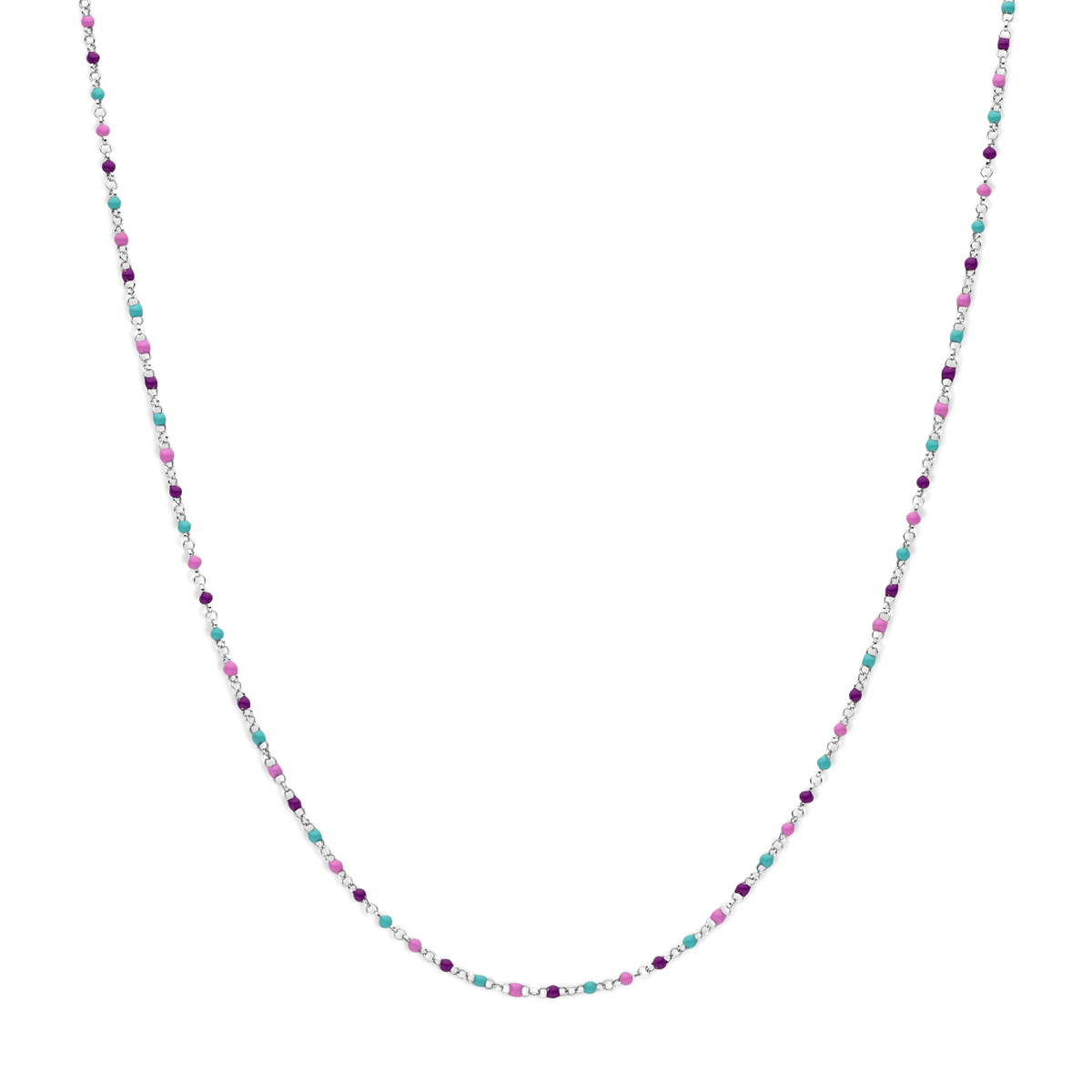 Gerhodineerd 925 zilveren collier uitgevoerd met emaille bolletjes. Het collier heeft een draaglengte van 36cm en een extensie van 4cm. Uitgevoerd met karabijnsluiting. De schakelbreedte is 1.7mm.