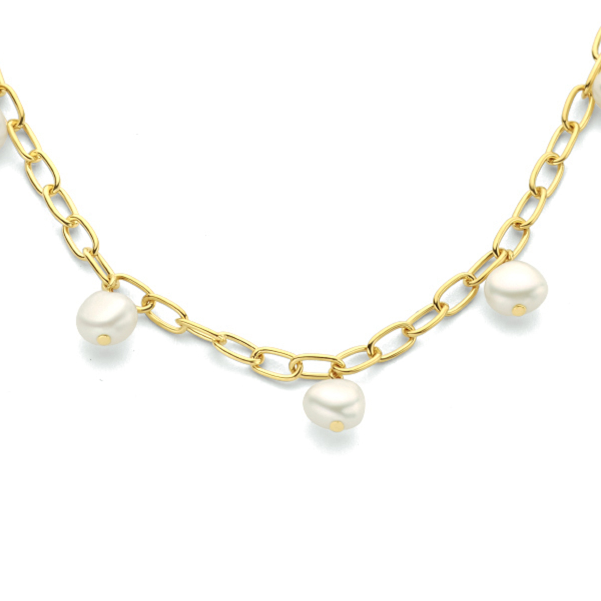 Geelgoud op 925 zilveren collier uitgevoerd met zoetwaterparels. Het collier heeft een draaglengte van 42cm met een extensie van 3cm en een stevige karabijn sluiting.
