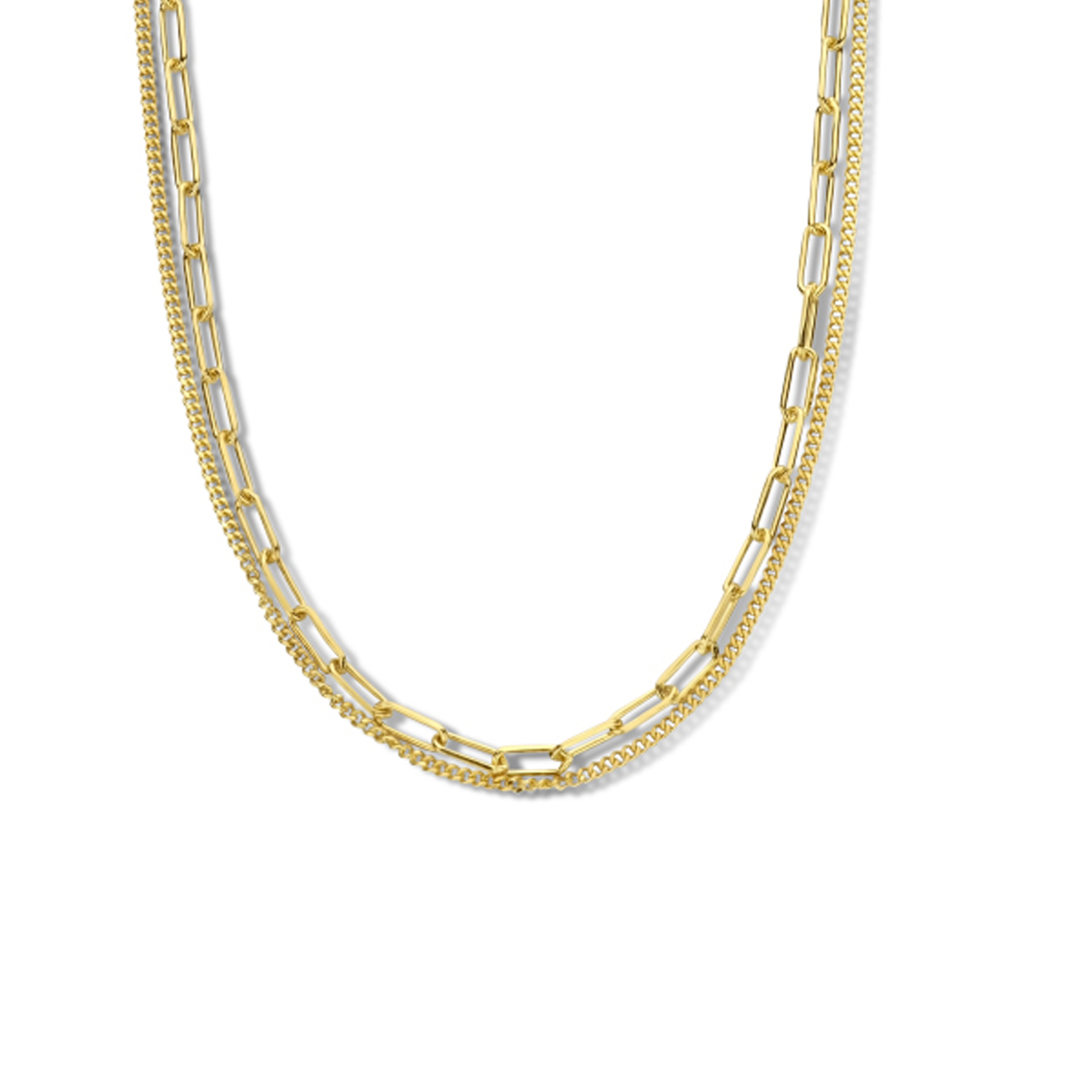 Geelgoud op 925 zilveren collier uitgevoerd met een paperclip schakel van 2.8mm, gourmette schakel van 1,5mm en een karabijn sluiting. Het collier heeft een draaglengte van 42cm en een extensie van 3cm. Geen garantie op plating.