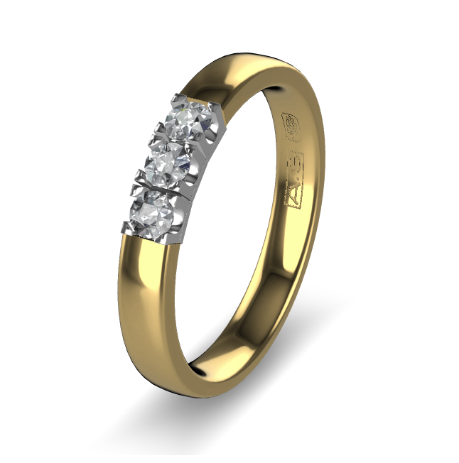 14 Karaat geel gouden Memoire ring met wit gouden zetting model A.S. 11155. Met 3X 0.07 crt briljant G/VVS op maat 53.