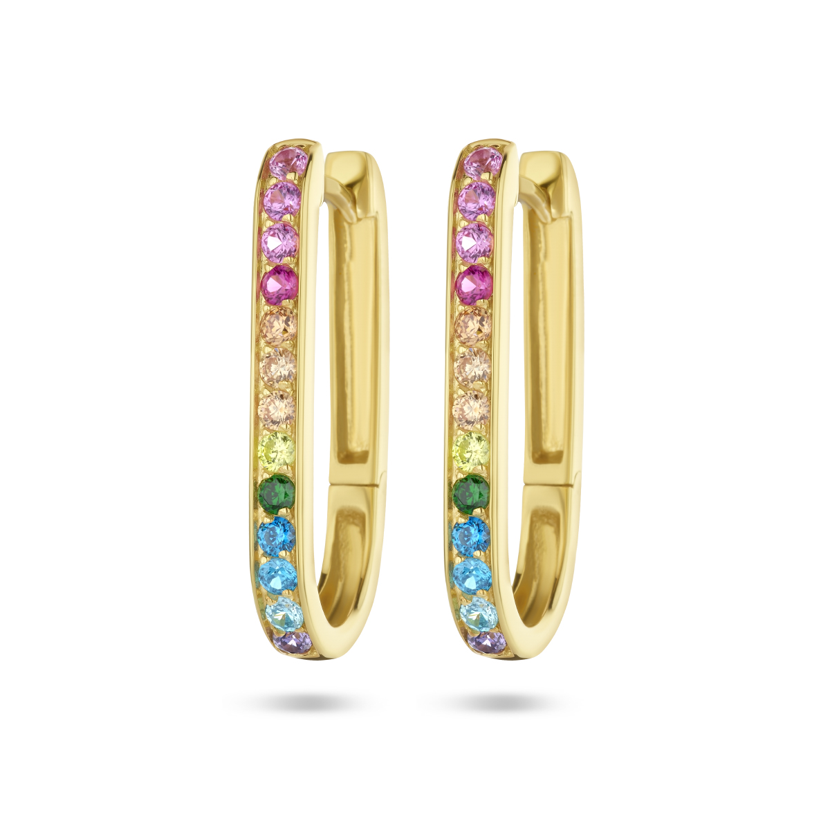 Verguld op 925 zilveren klapoorringen uitgevoerd met regenboog zirkonia. De klapoorringen hebben een breedte van 3mm. Geen garantie op plating.