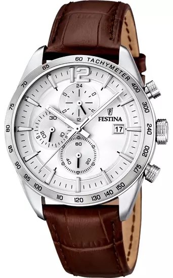 * Quartz
* Chronograaf met datum aanduiding
* Mineraalglas
* Kast in roestvrij staal
* Bruin leder band met gesp
* 5 ATM (50m) water resistant