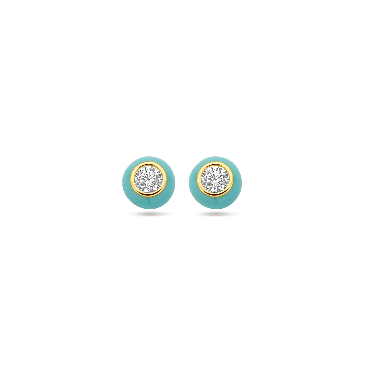 Geelgoud op 925 zilveren oorknoppen uitgevoerd met turquoise emaille en zirkonia. De oorknoppen hebben een diameter van 5,5mm. Geen garantie op plating.