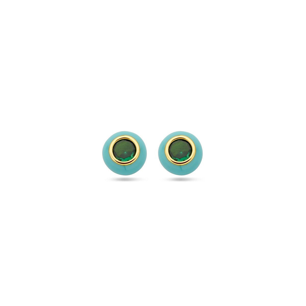 Geelgoud op 925 zilveren oorknoppen uitgevoerd met turquoise emaille en groen zirkonia. De oorknoppen hebben een diameter van 5,5mm. Geen garantie op plating.