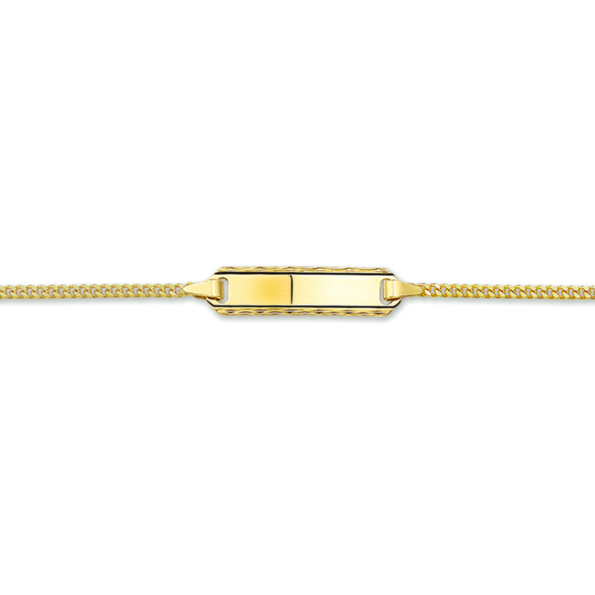 Geelgouden graveerarmband met een poli afwerking. De graveerplaat heeft een dikte van 0.6mm. De armband heeft een lengte van 11-13 cm