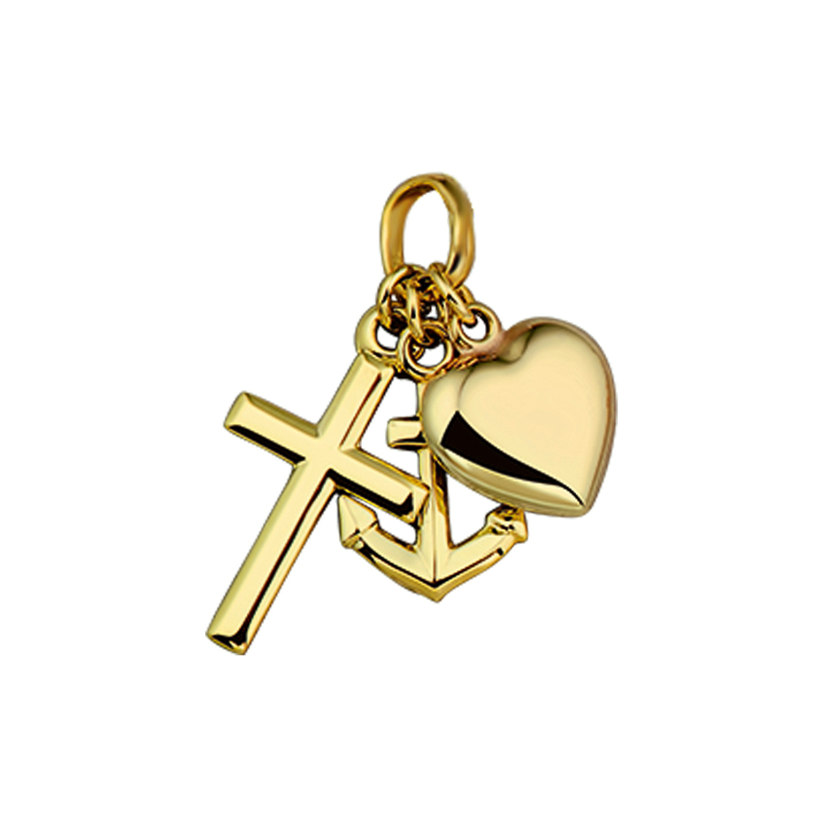 Beschrijving: Geloof, hoop en liefde. Drie symbolen woorden uit de bijbel onlosmakelijk aan elkaar verbonden. Deze hanger zal voor een ieder die hem draagt een eigen betekenis hebben. Details: Geelouden hanger met geloof hoop en liefde bedels. 
Verpakt per: 1
Doelgroep: unisex
Hoogte: 220 mm