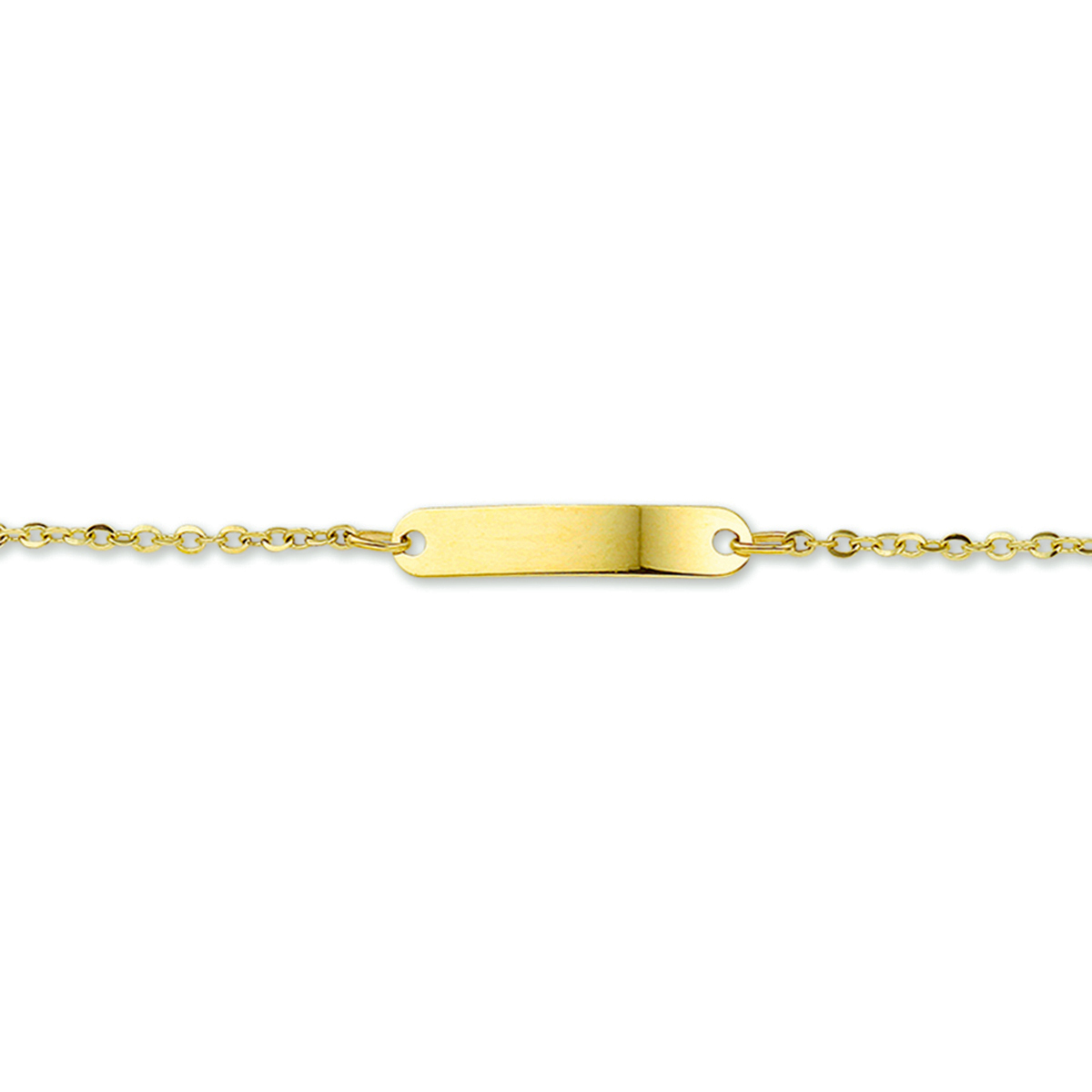Beschrijving: Geelgouden graveerarmband. De lengte van de armband bedraagt 11cm met 2cm extensie. 
Uniekenummer serie: 31210
Verpakt per: 1
Doelgroep: kinderen
Breedte: 20 mm
Kortste lengte: 11 mm
Langste lengte: 13 mm
Hoogte: 4 mm