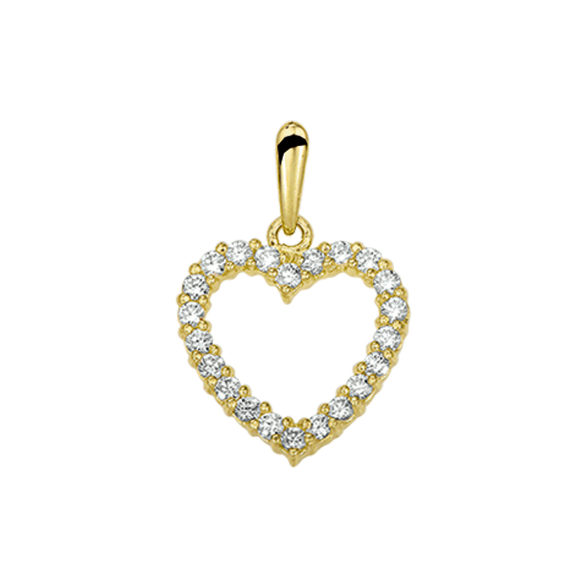 Beschrijving: Geelgouden hanger met een hart van zirkonia. 
Verpakt per: 1
Doelgroep: dames
Breedte: 13 mm
Hoogte: 13 mm
Zetting: entourage (rijzetting)