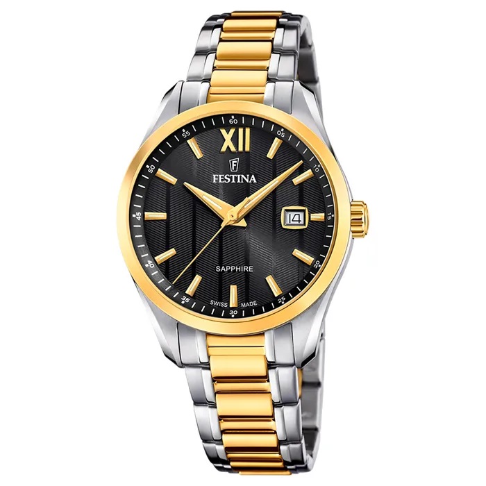 Festina - Bicolor horloge 37mm, zwarte wijzerplaat, 50 meter WR, Saffierglas, Quartz - F20027/4