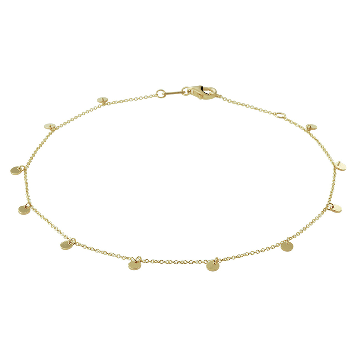 Trendy geelgouden 1mm anker enkelbandje uitgevoerd met 3mm ronde hangers en een stevige karabijn sluiting. Het enkelbandje heeft draaglengtes van 24 en 26cm en is goed te combineren met bijpassende sieraden uit onze collectie.