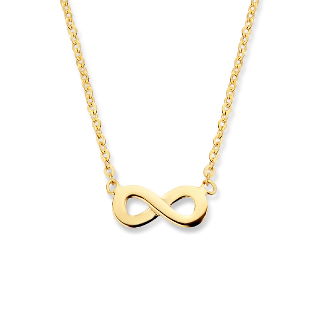 Beschrijving: Het infinity symbool, verwerkt in dit 14K geelgouden collier, staat voor oneindigheid. Het collier heeft een ankerschakel van 1mm en is verstelbaar van 41,5 tot 44,5 cm. Door deze lengte valt het collier los rond de nek. Het infinity symbool heeft een grootte van 4x10mm. Het is leuk te combineren met andere infinity sieraden uit ons assortiment.
